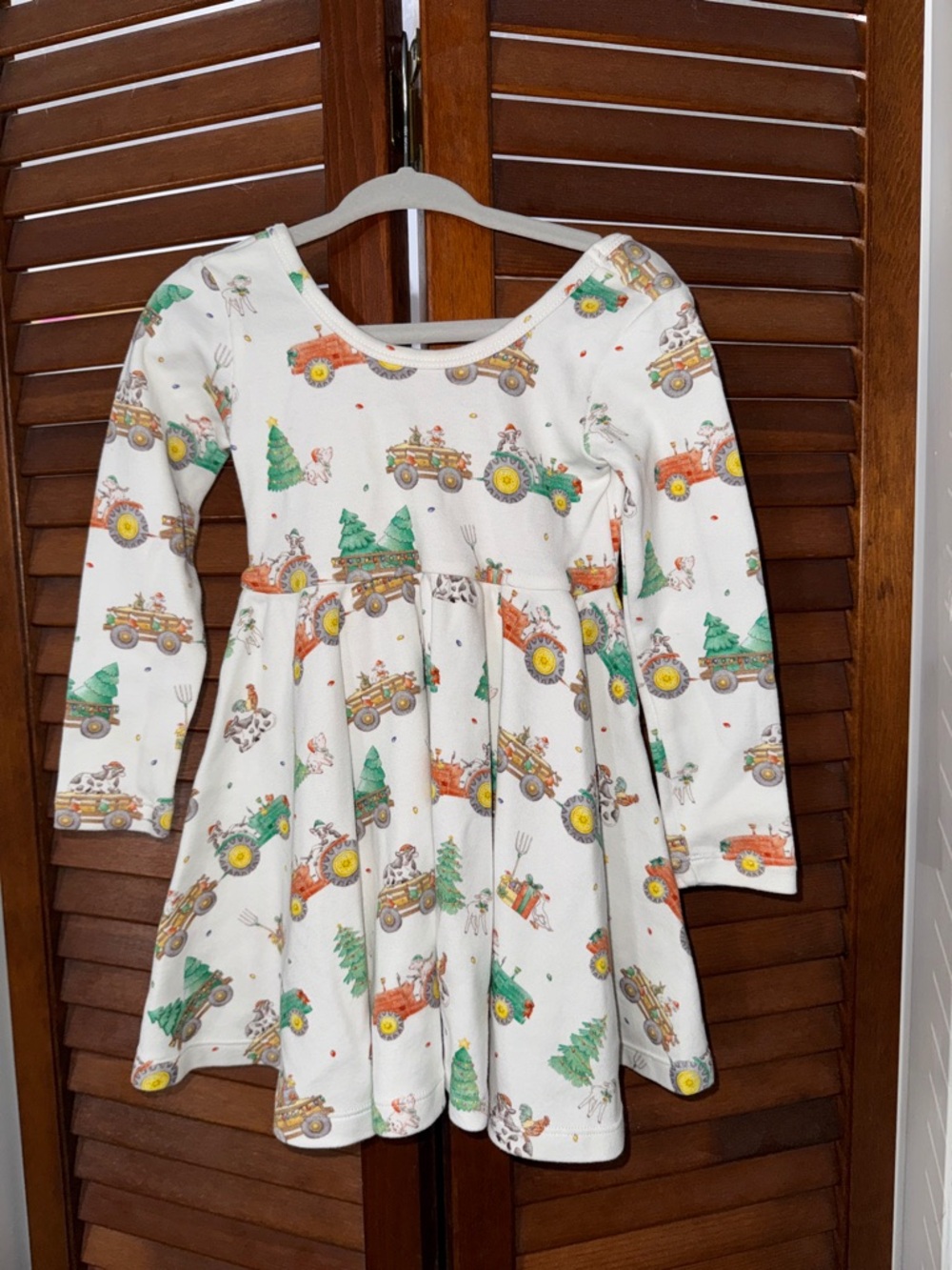 Girls' White Christmas Farm Truck Print Long-Sleeve Casual Dress
